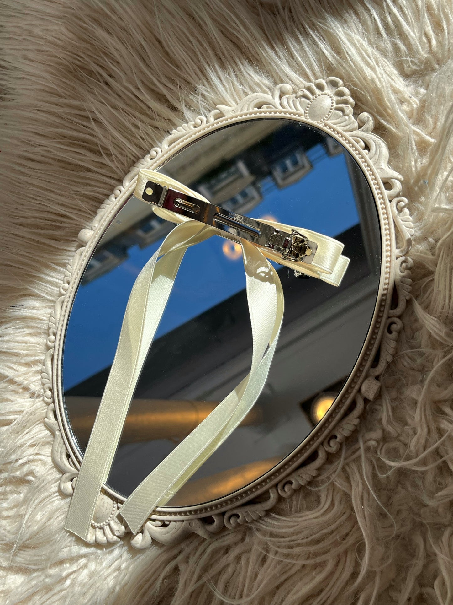 Barrette nœud ruban fin blanc cassé